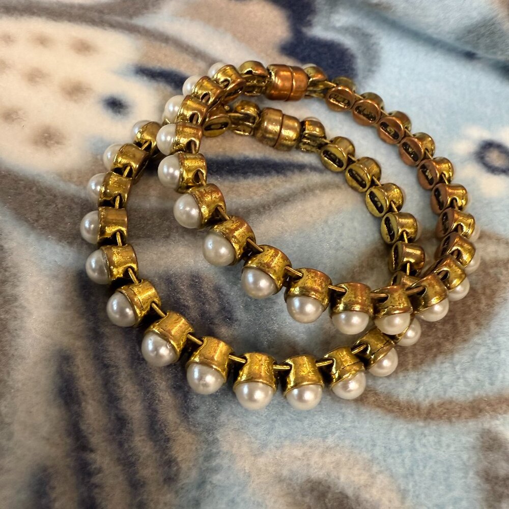 "PLUNDER" Brand-Faux Pearl Antique Gold Tone Bracelets-2 Magnetic Closure